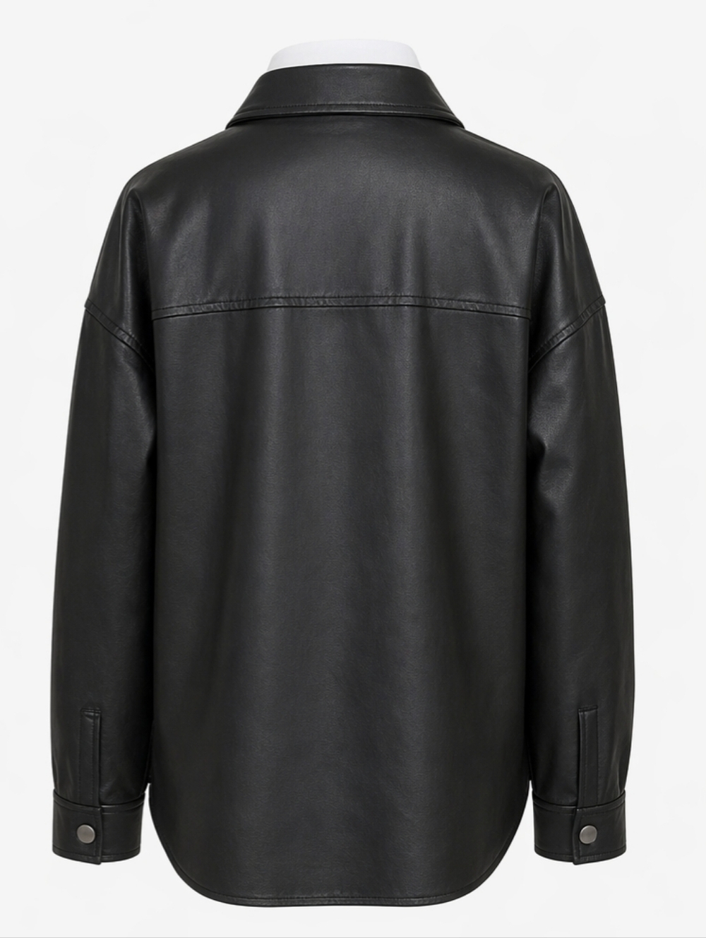 Black Faux Leather Shacket Oversized Button Front Minimalist Streetwear Classic - Picture 3 of 9